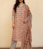 Mirchi Fashion Women's Rust Paisley Batik Print Pure Cotton Kurti With Bottom & Dupatta set