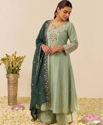 Women's Gorgeous Embroidery Work Simmer Silk Fabric Flared Kurta Palazzo and Dupatta Set 1