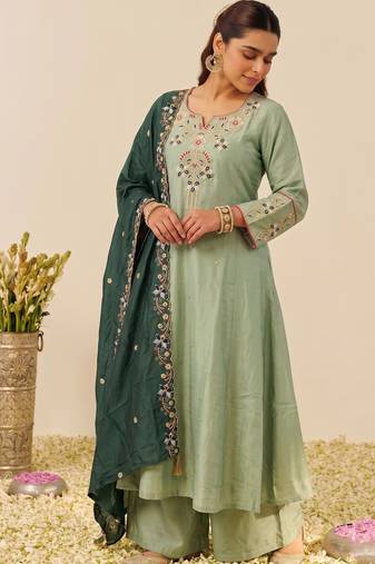 Women's Gorgeous Embroidery Work Simmer Silk Fabric Flared Kurta Palazzo and Dupatta Set
