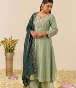 Women's Gorgeous Embroidery Work Simmer Silk Fabric Flared Kurta Palazzo and Dupatta Set