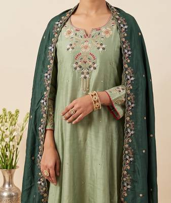 Women's Gorgeous Embroidery Work Simmer Silk Fabric Flared Kurta Palazzo and Dupatta Set 2