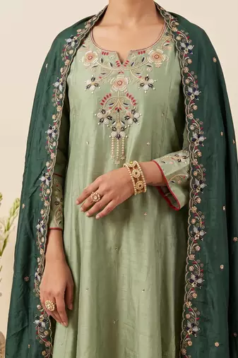 Women's Gorgeous Embroidery Work Simmer Silk Fabric Flared Kurta Palazzo and Dupatta Set