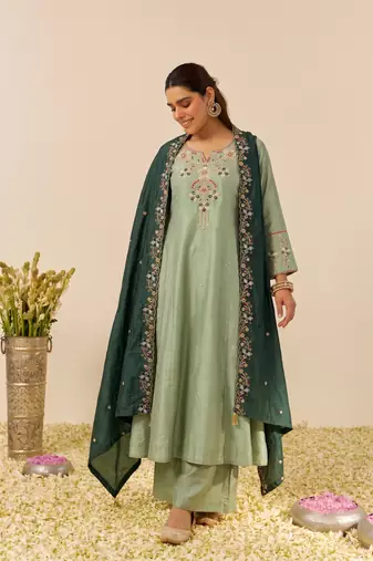 Women's Gorgeous Embroidery Work Simmer Silk Fabric Flared Kurta Palazzo and Dupatta Set