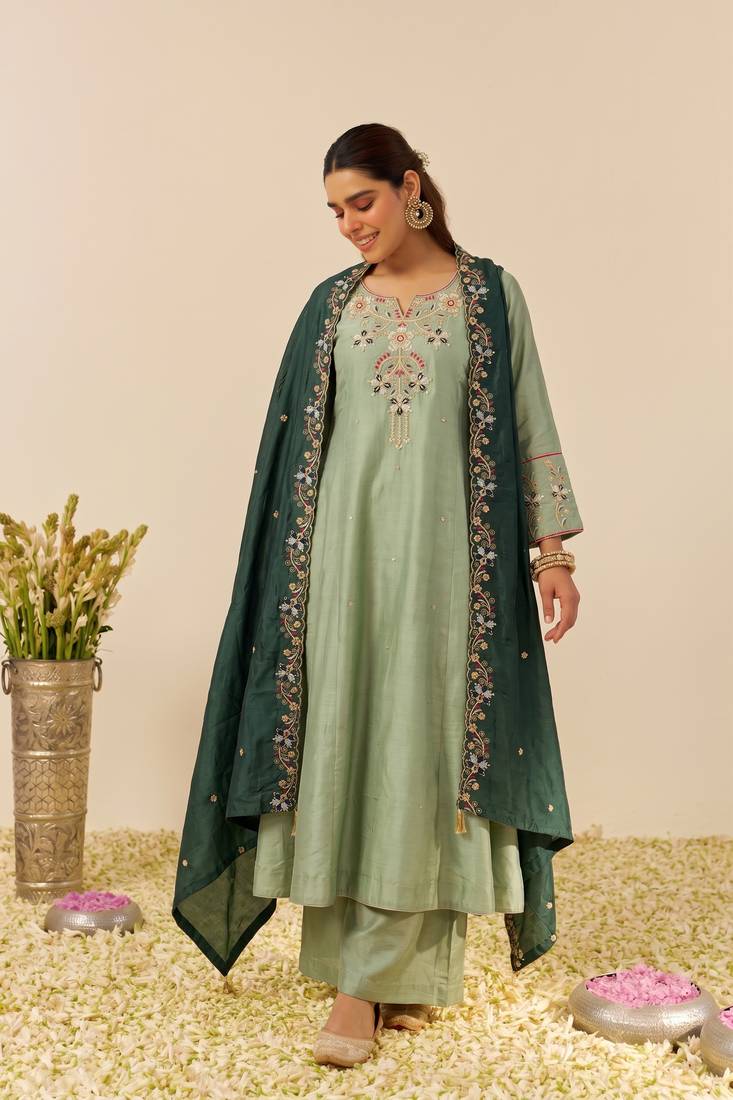 Women's Gorgeous Embroidery Work Simmer Silk Fabric Flared Kurta Palazzo and Dupatta Set