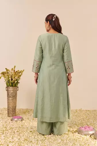 Women's Gorgeous Embroidery Work Simmer Silk Fabric Flared Kurta Palazzo and Dupatta Set