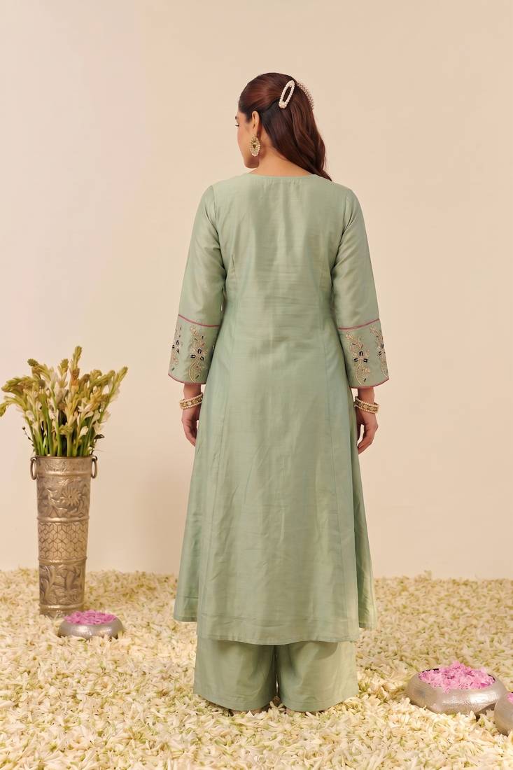 Women's Gorgeous Embroidery Work Simmer Silk Fabric Flared Kurta Palazzo and Dupatta Set
