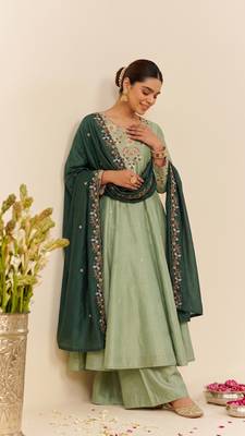 Women's Gorgeous Embroidery Work Simmer Silk Fabric Flared Kurta Palazzo and Dupatta Set 5