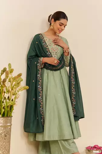 Women's Gorgeous Embroidery Work Simmer Silk Fabric Flared Kurta Palazzo and Dupatta Set