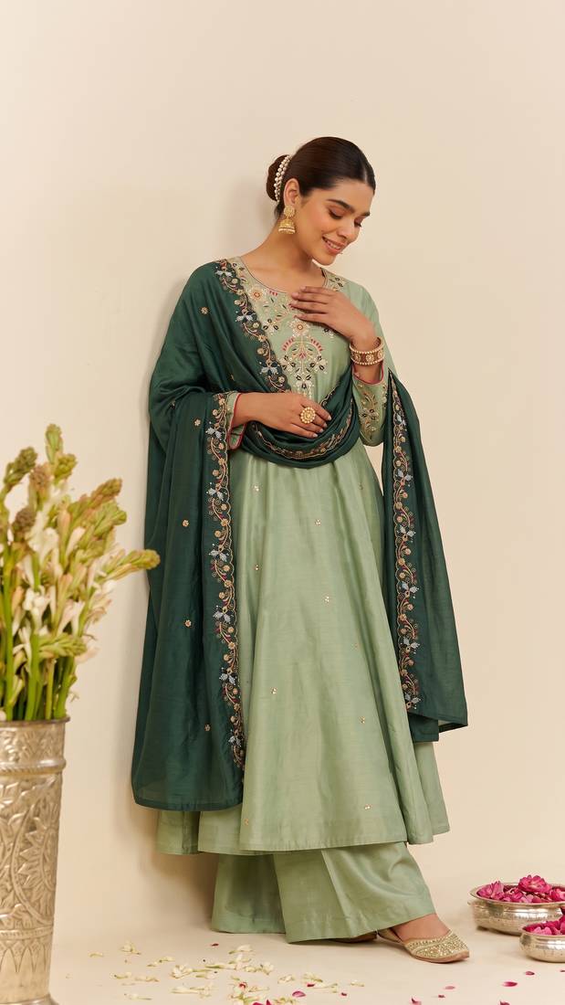 Women's Gorgeous Embroidery Work Simmer Silk Fabric Flared Kurta Palazzo and Dupatta Set