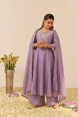Women's Gorgeous Embroidery Work Simmer Silk Fabric Flared Kurta Palazzo and Dupatta Set 1