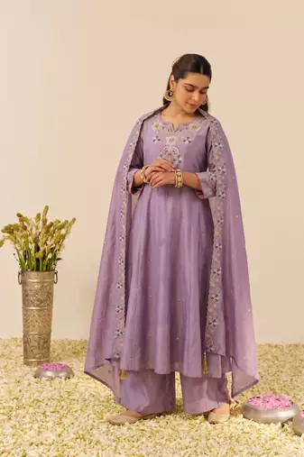 Women's Gorgeous Embroidery Work Simmer Silk Fabric Flared Kurta Palazzo and Dupatta Set