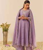 Women's Gorgeous Embroidery Work Simmer Silk Fabric Flared Kurta Palazzo and Dupatta Set