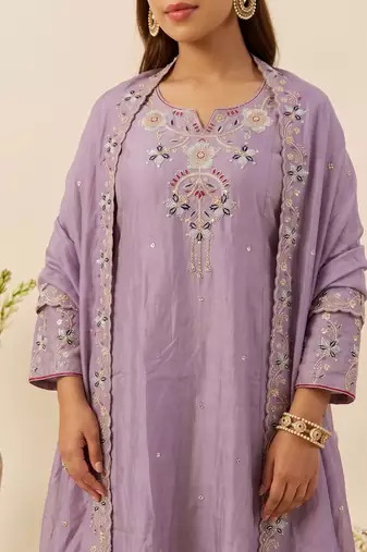 Women's Gorgeous Embroidery Work Simmer Silk Fabric Flared Kurta Palazzo and Dupatta Set