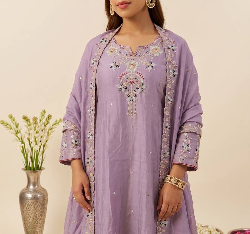 Women's Gorgeous Embroidery Work Simmer Silk Fabric Flared Kurta Palazzo and Dupatta Set