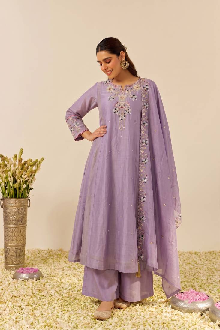 Women's Gorgeous Embroidery Work Simmer Silk Fabric Flared Kurta Palazzo and Dupatta Set