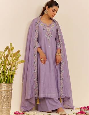 Women's Gorgeous Embroidery Work Simmer Silk Fabric Flared Kurta Palazzo and Dupatta Set 4