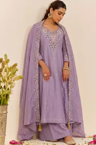 Women's Gorgeous Embroidery Work Simmer Silk Fabric Flared Kurta Palazzo and Dupatta Set