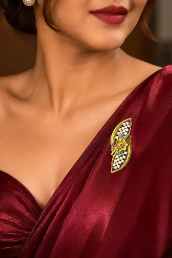 Multicolor CZ Saree Brooch Pin, Gold Tone Bridal Jewelry, Ethnic Wedding Accessory