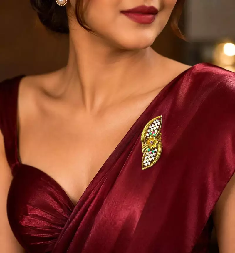 Multicolor CZ Saree Brooch Pin, Gold Tone Bridal Jewelry, Ethnic Wedding Accessory