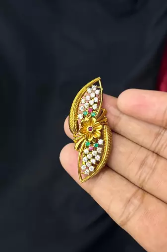 Multicolor CZ Saree Brooch Pin, Gold Tone Bridal Jewelry, Ethnic Wedding Accessory