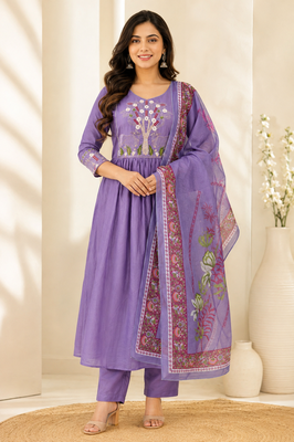 Designer traditional cotton fabric heavy embroidery kurta set with dupatta 1