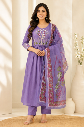 Designer traditional cotton fabric heavy embroidery kurta set with dupatta