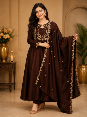 Designer traditional chinon fabric heavy embroidery kurta set with dupatta 1