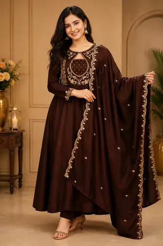 Designer traditional chinon fabric heavy embroidery kurta set with dupatta