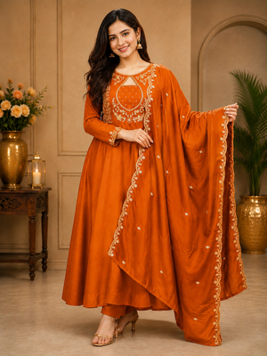Designer traditional chinon fabric heavy embroidery kurta set with dupatta 1