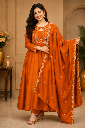 Designer traditional chinon fabric heavy embroidery kurta set with dupatta
