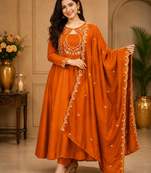 Designer traditional chinon fabric heavy embroidery kurta set with dupatta