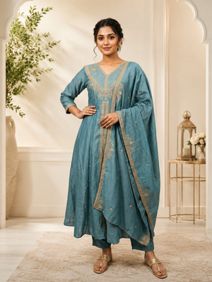 Designer traditional chinon fabric heavy embroidery kurta set with dupatta 1