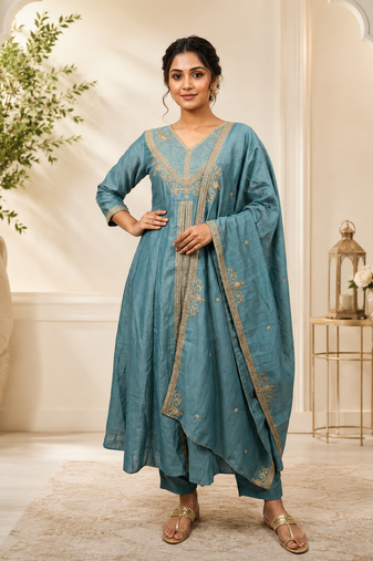 Designer traditional chinon fabric heavy embroidery kurta set with dupatta
