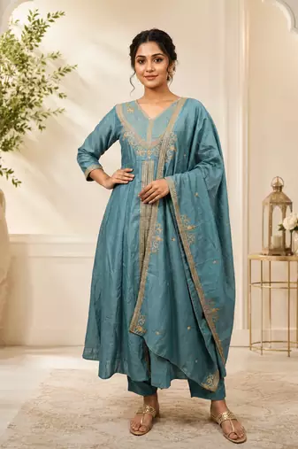 Designer traditional chinon fabric heavy embroidery kurta set with dupatta