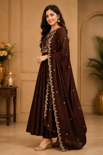 Designer traditional chinon fabric heavy embroidery kurta set with dupatta