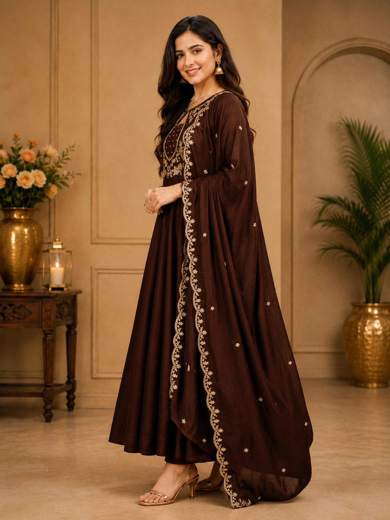 Designer traditional chinon fabric heavy embroidery kurta set with dupatta