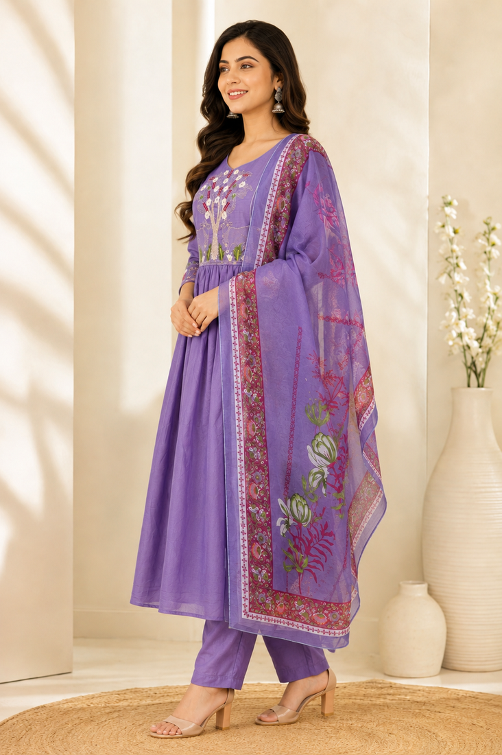 Designer traditional cotton fabric heavy embroidery kurta set with dupatta