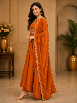 Designer traditional chinon fabric heavy embroidery kurta set with dupatta 2