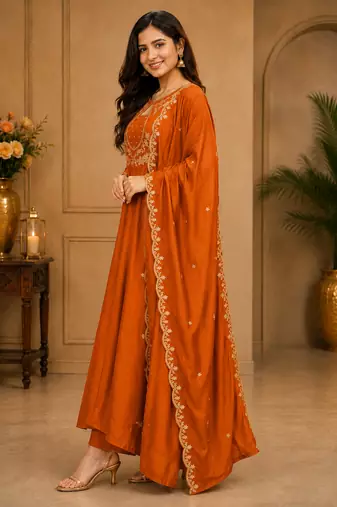 Designer traditional chinon fabric heavy embroidery kurta set with dupatta