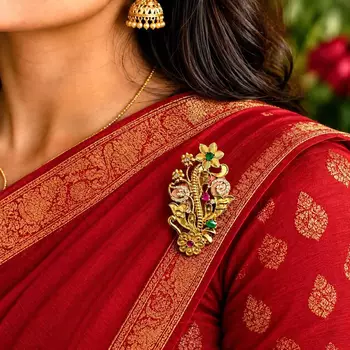 Traditional Indian Saree Brooch, Gold Tone Floral Peacock, Kundan Style Pin 1