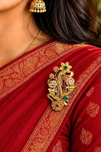 Traditional Indian Saree Brooch, Gold Tone Floral Peacock, Kundan Style Pin