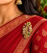 Traditional Indian Saree Brooch, Gold Tone Floral Peacock, Kundan Style Pin
