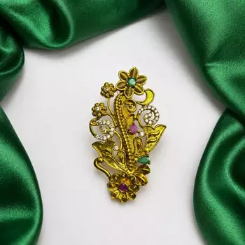 Traditional Indian Saree Brooch, Gold Tone Floral Peacock, Kundan Style Pin 2