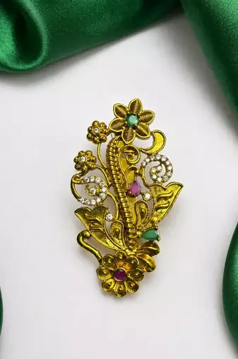 Traditional Indian Saree Brooch, Gold Tone Floral Peacock, Kundan Style Pin
