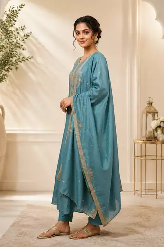 Designer traditional chinon fabric heavy embroidery kurta set with dupatta