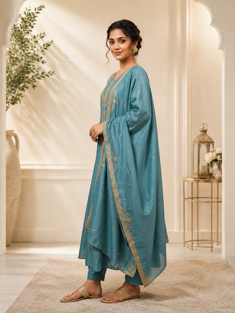 Designer traditional chinon fabric heavy embroidery kurta set with dupatta