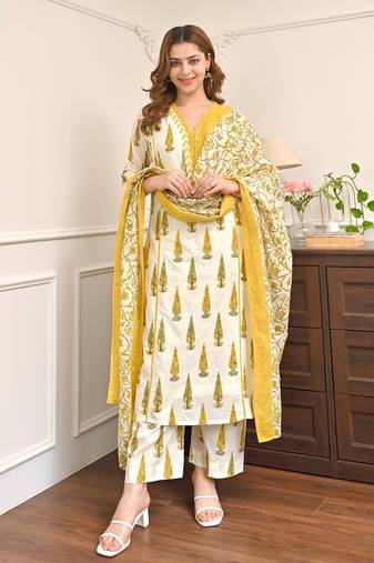 Women's Gorgeous Printed Work Cotton Fabric Straight Kurta Pant and Dupatta Set