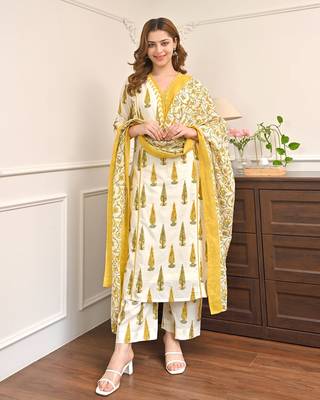 Women's Gorgeous Printed Work Cotton Fabric Straight Kurta Pant and Dupatta Set 1