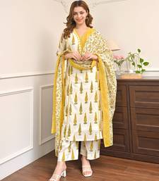 Women's Gorgeous Printed Work Cotton Fabric Straight Kurta Pant and Dupatta Set