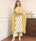 Women's Gorgeous Printed Work Cotton Fabric Straight Kurta Pant and Dupatta Set